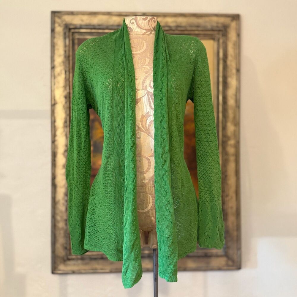 Anthropologie Knitted & Knotted Green Crochet Linen Blend Cardigan — M